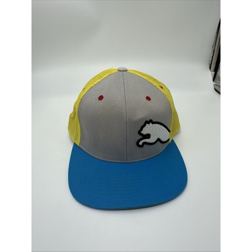 Puma Logo Snapback Trucker Hat Gray Yellow Blue Flat Bill Cap